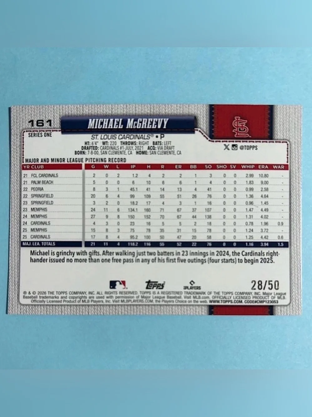 2025 Topps Series 1 - StL Cards Michael McGreevy #161 Diamanté Gold  28/50 (RC) - Picture 2 of 2